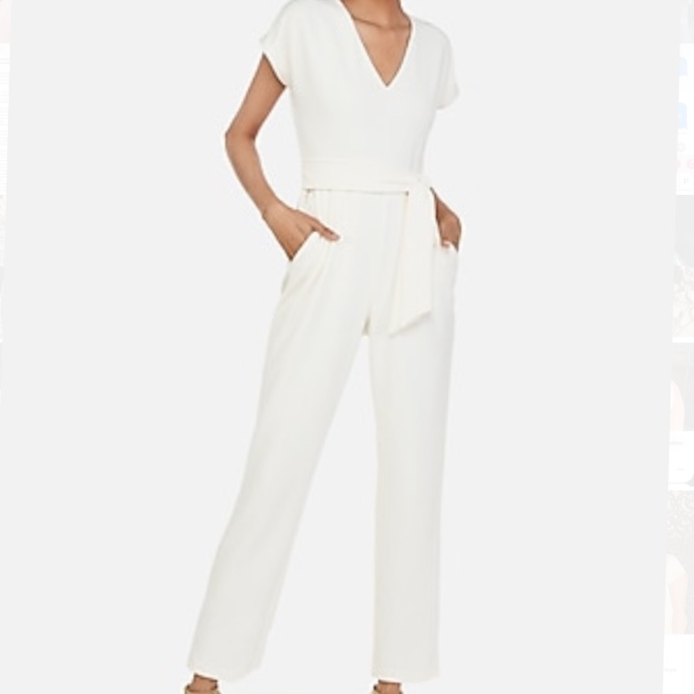 V-NECK SASH TIE WAIST JUMPSUIT Express